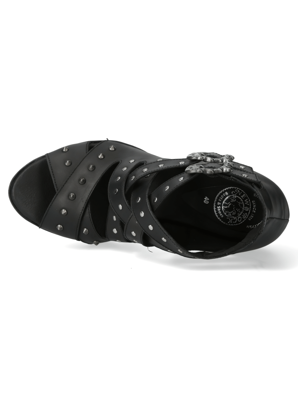 Top view of NEW ROCK Gothic Black Studded Leather Heeled Sandals with bold studs and a stylish buckle.