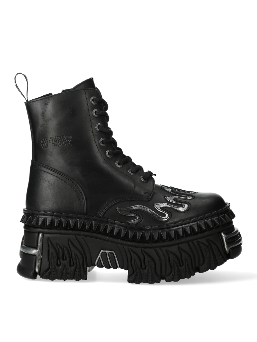 NEW ROCK Gothic Boots with flame design and metallic accents, perfect for punk urban style enthusiasts.