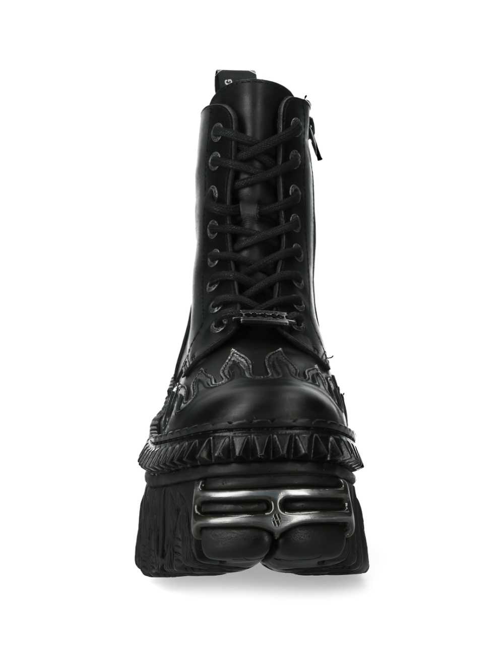 Front view of NEW ROCK Gothic boots with metallic accents and flame design, showcasing genuine leather and punk style.