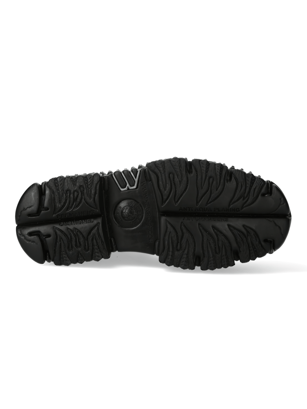 Sole of NEW ROCK Gothic Boots featuring flame design and rugged traction for urban punk style.