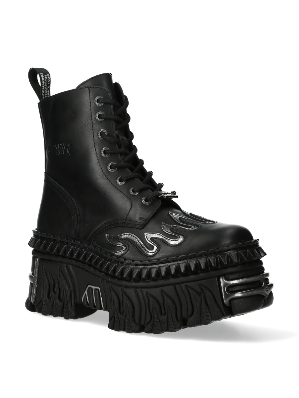 NEW ROCK gothic platform boots with metallic accents and flame design for a punk urban style.