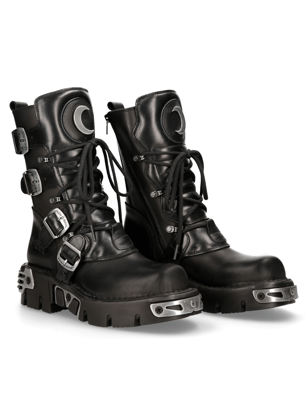 NEW ROCK Men's Gothic Punk Rock Black Buckled Boots with Crescent Moon and platform sole.