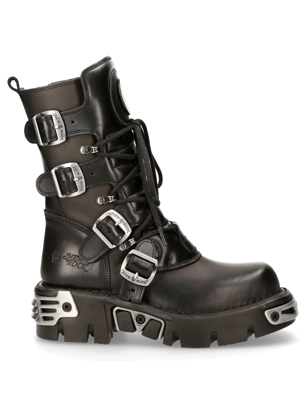 NEW ROCK Men's Gothic Boots with platform sole, buckles, and a punk rock design in black leather.