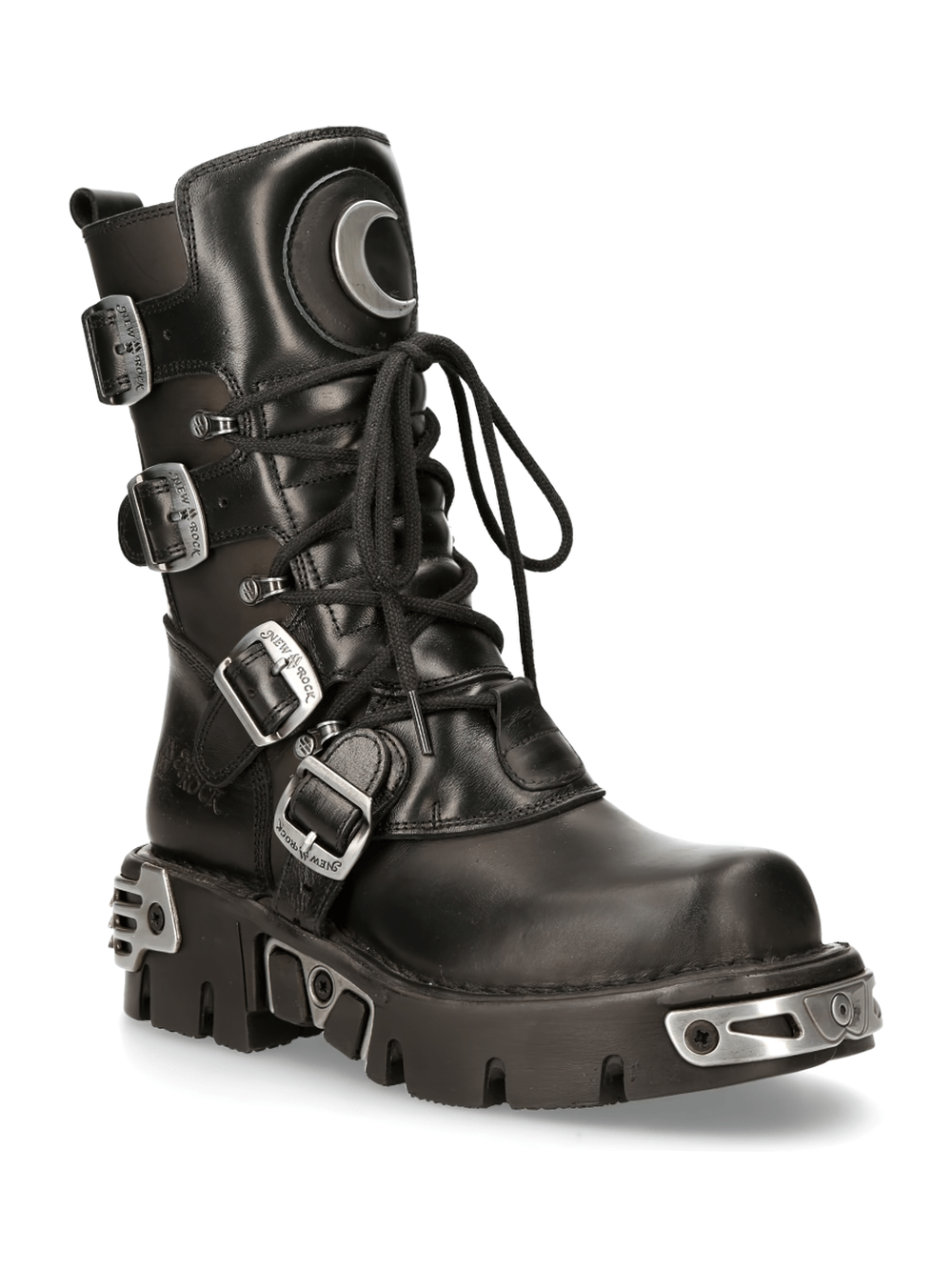 NEW ROCK Men's Gothic Punk Black Buckled Boots with Platform Sole and Crescent Moon Detail