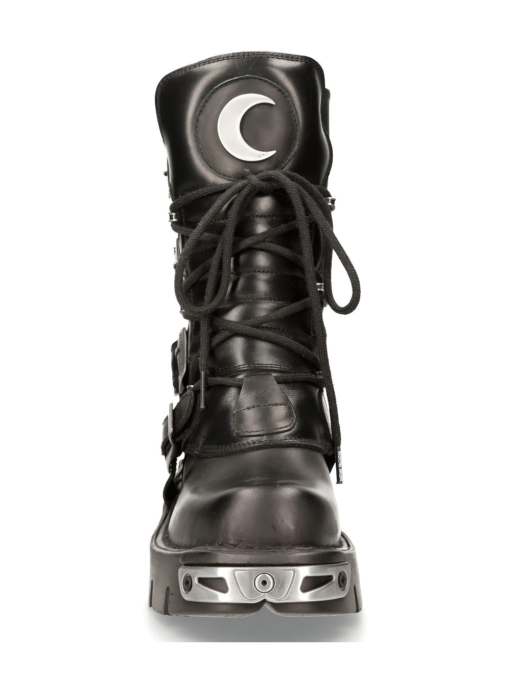 Front view of NEW ROCK Men's Gothic Boots with platform sole and crescent moon design, showcasing punk rock style.