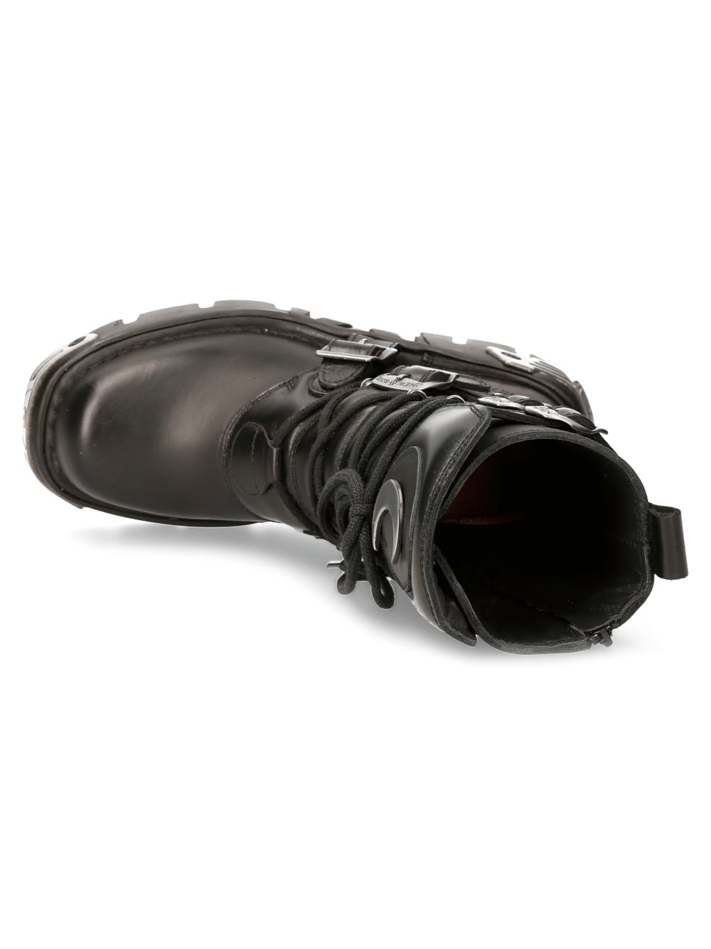Top view of NEW ROCK Gothic Punk Rock Black Buckled Boots with platform sole, showcasing their edgy design.