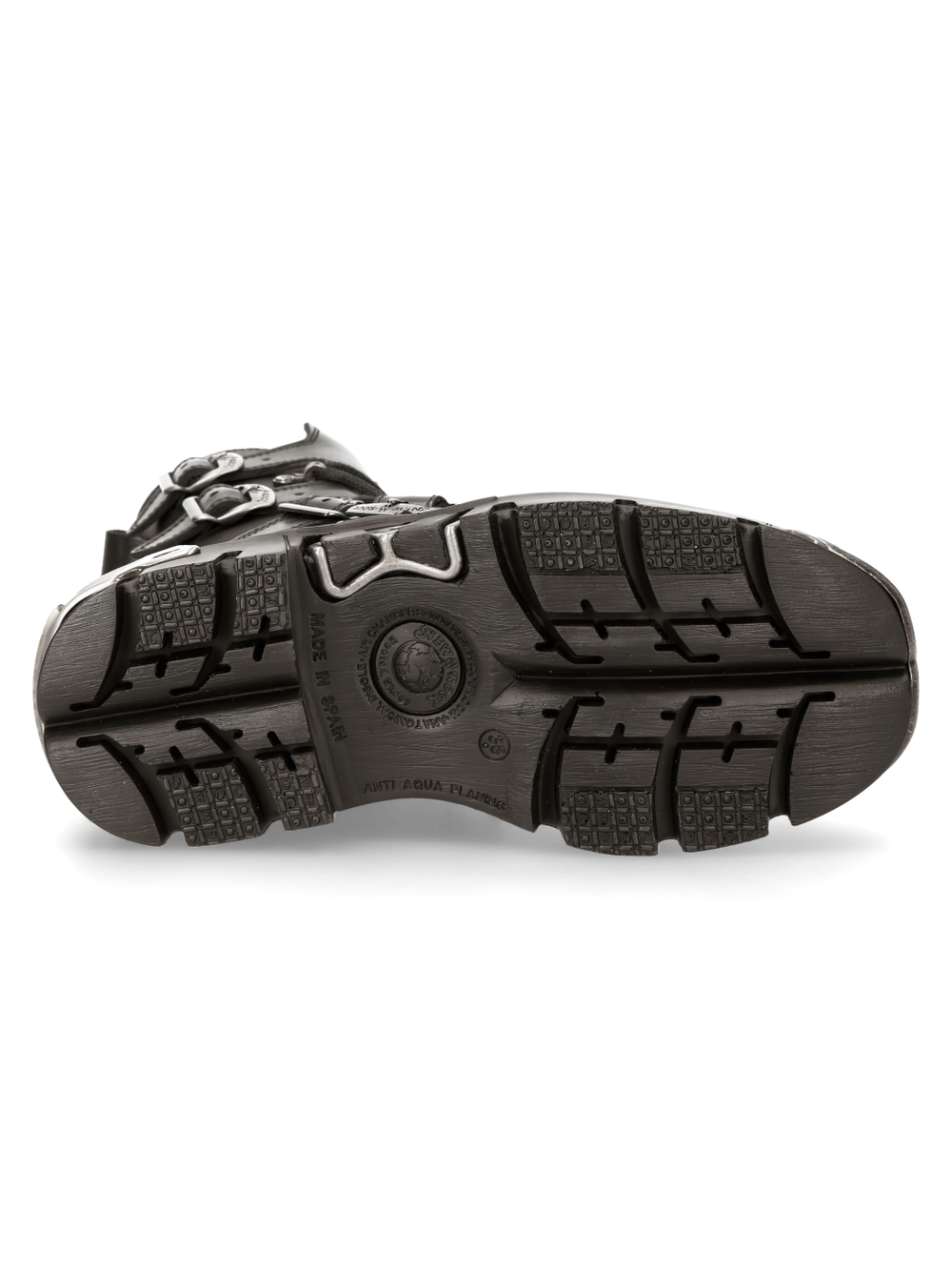 Underside view of NEW ROCK Men's Gothic Punk Rock Boots showing tread design and metallic accents.