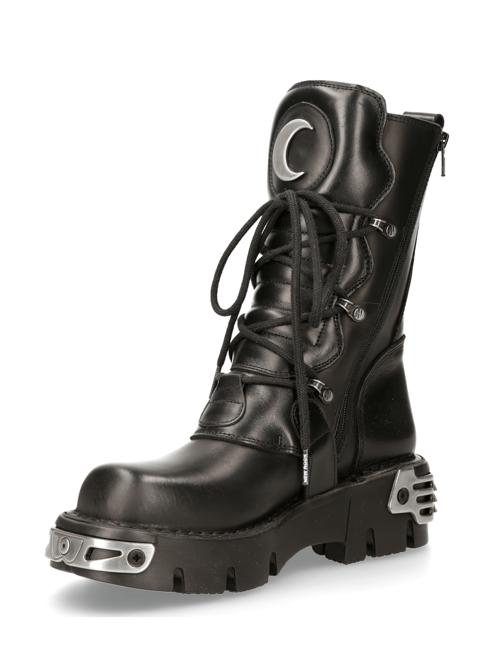 NEW ROCK Men's Gothic Punk Black Buckled Boots with Platform Sole and Crescent Moon.