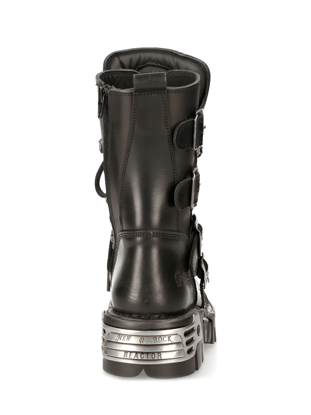 Back view of NEW ROCK Men's Gothic Punk Black Buckled Boots with metallic platform sole.