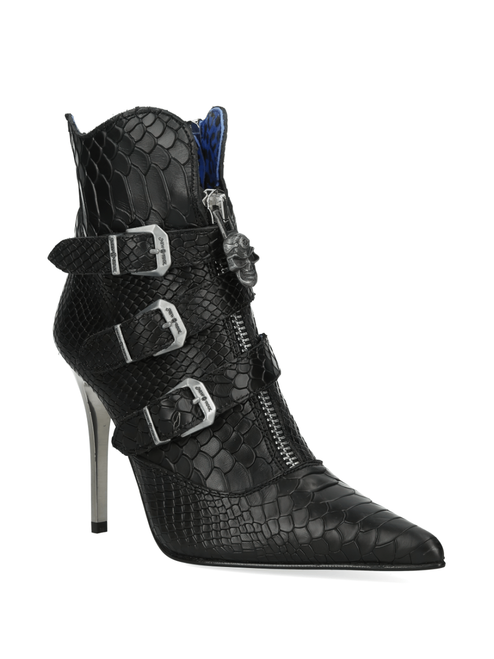 NEW ROCK Gothic ankle boots with buckle and zipper, black snake texture, pointed toe, and stiletto heel for bold style.