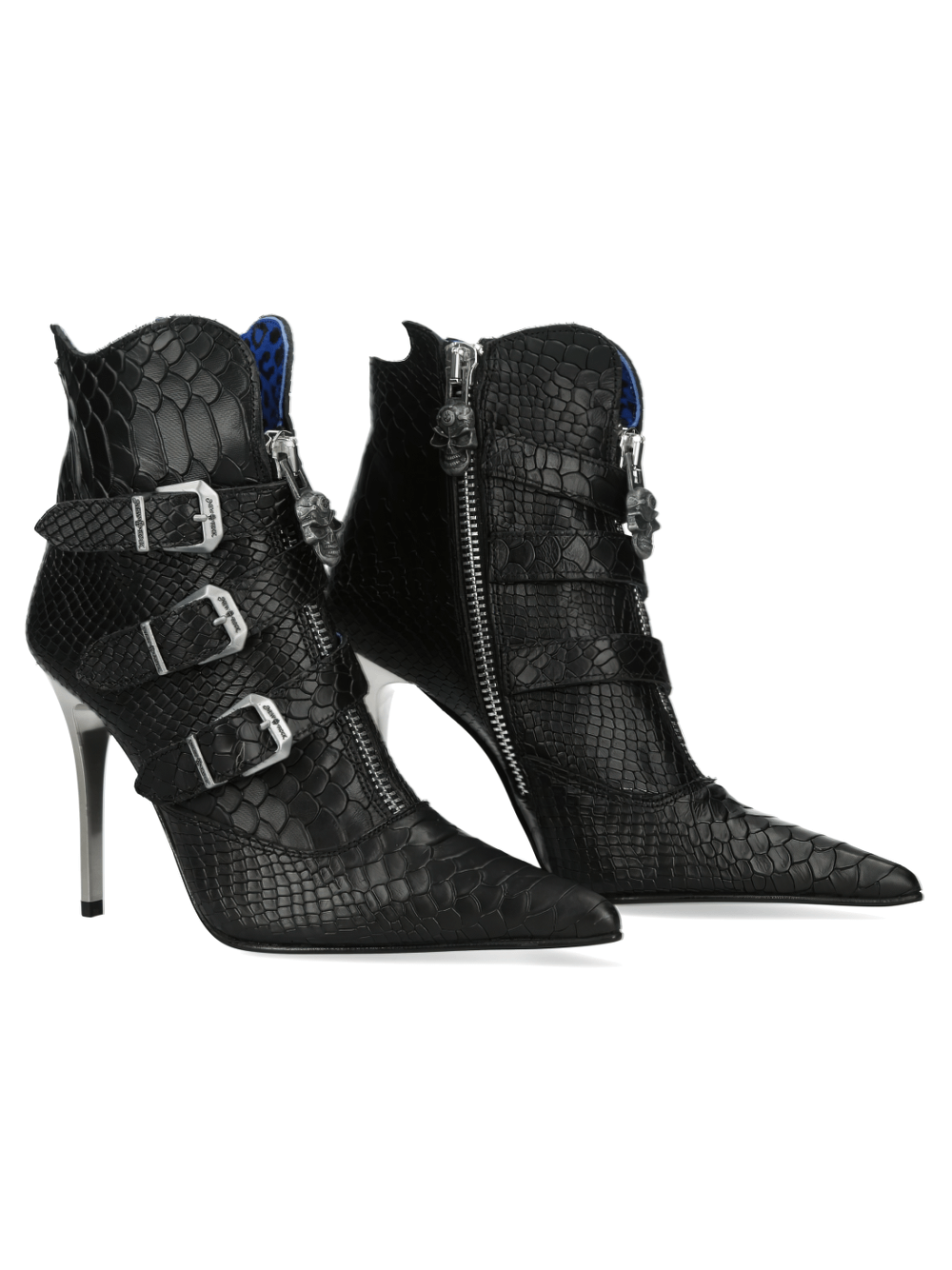 Gothic buckle and zipper stiletto heel ankle boots with snake texture and pointed toe design for a bold, edgy look.