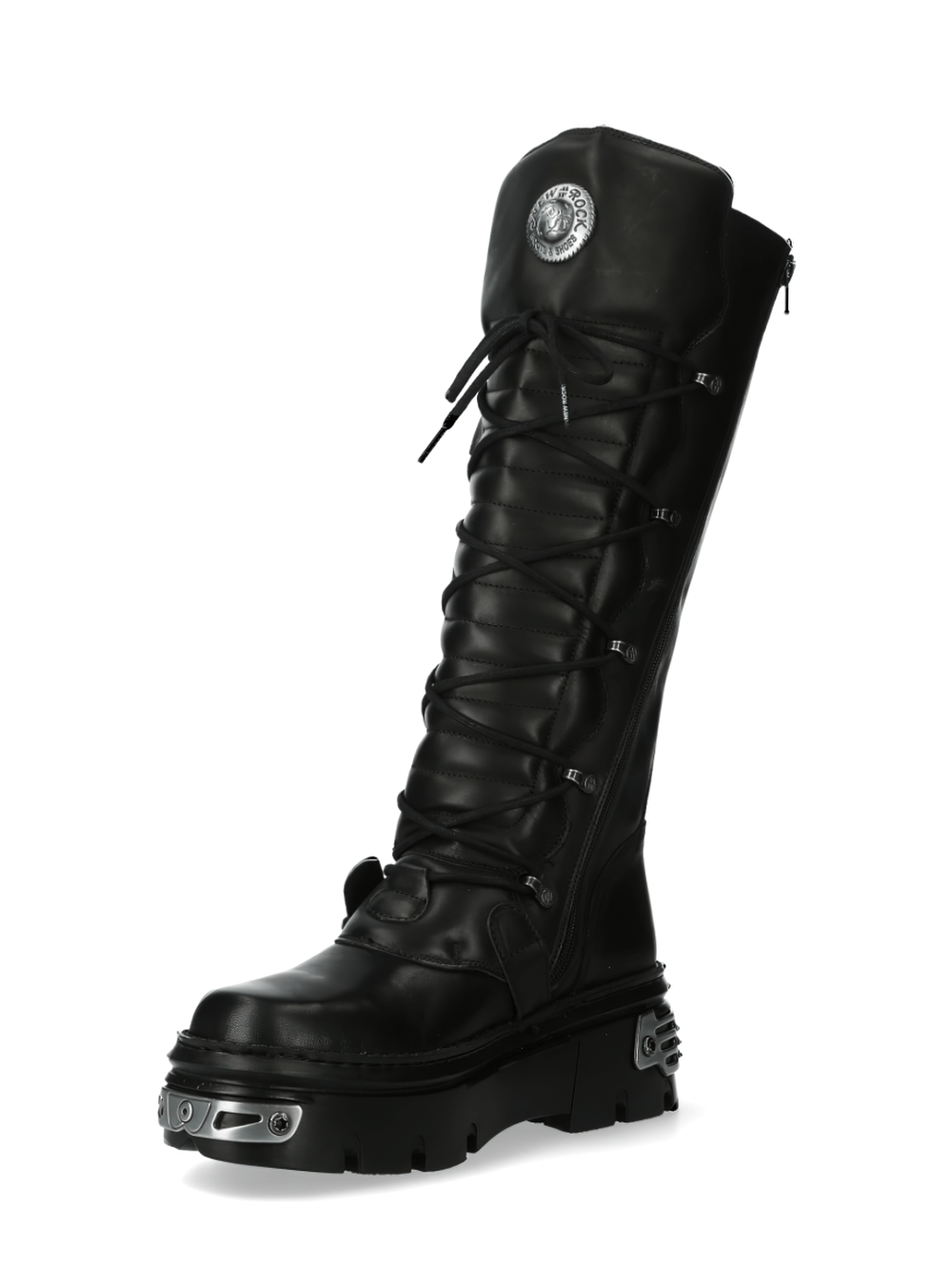NEW ROCK Gothic Buckle Knee-High Boots with metallic accents and lace-up design, perfect for edgy punk fashion.