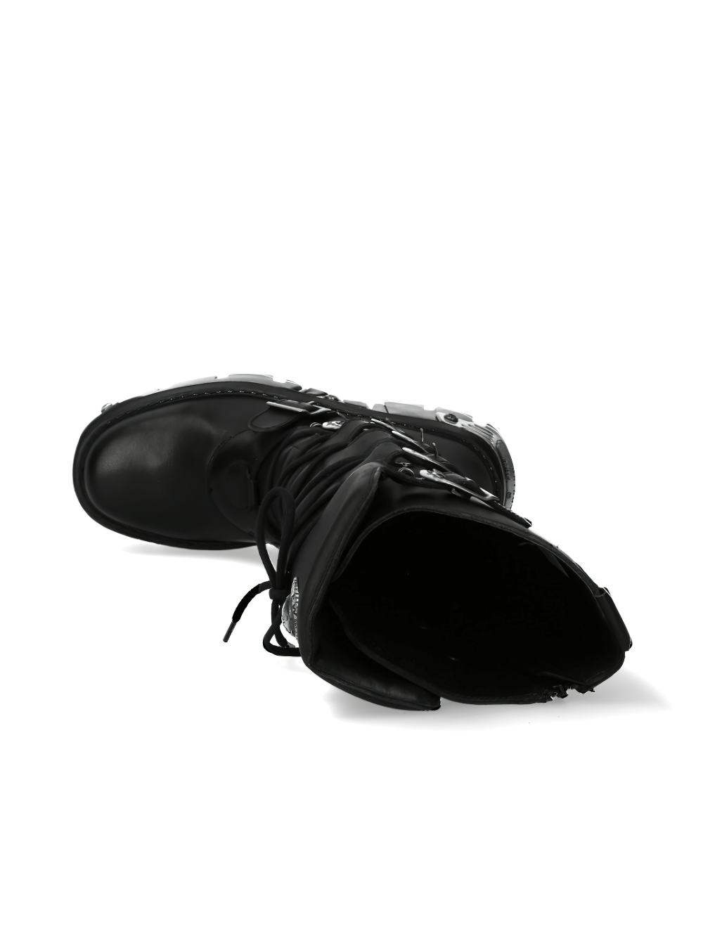 NEW ROCK Gothic Buckle Knee-High Boots with metallic accents and punk lace-up design, showcasing edgy style.