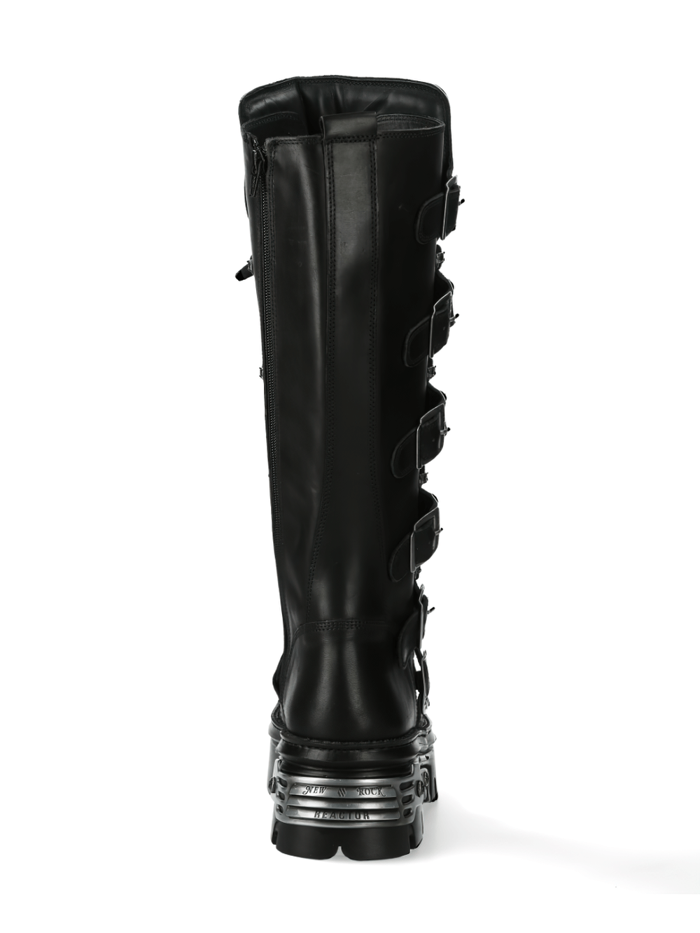 Back view of NEW ROCK Gothic Buckle Knee-High Boots showcasing metallic accents and punk design.