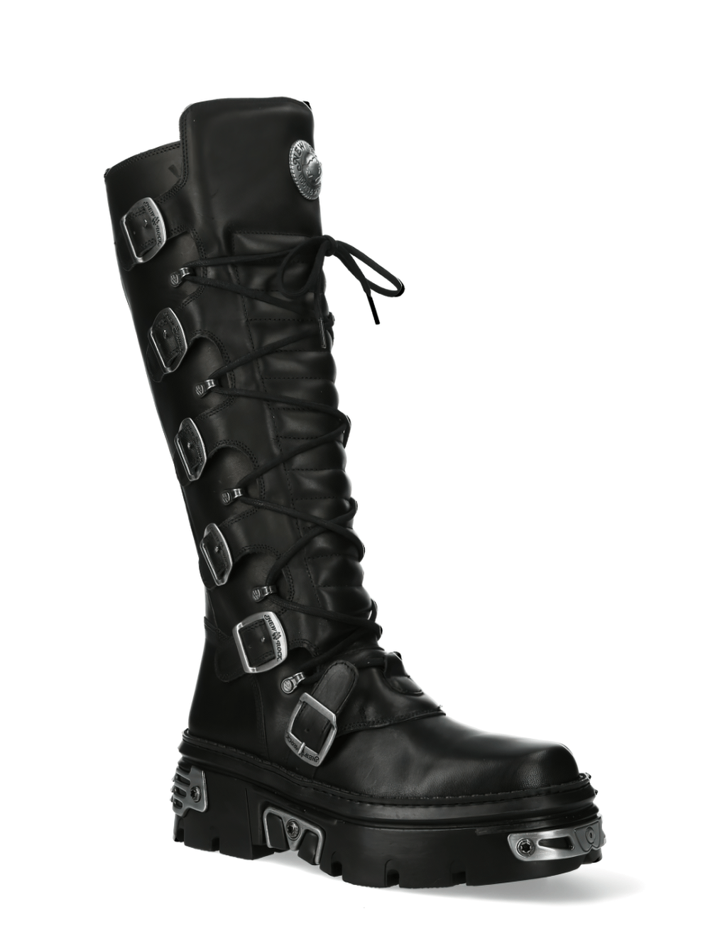 NEW ROCK Gothic Buckle Knee-High Boots with metallic accents and punk design in black leather.