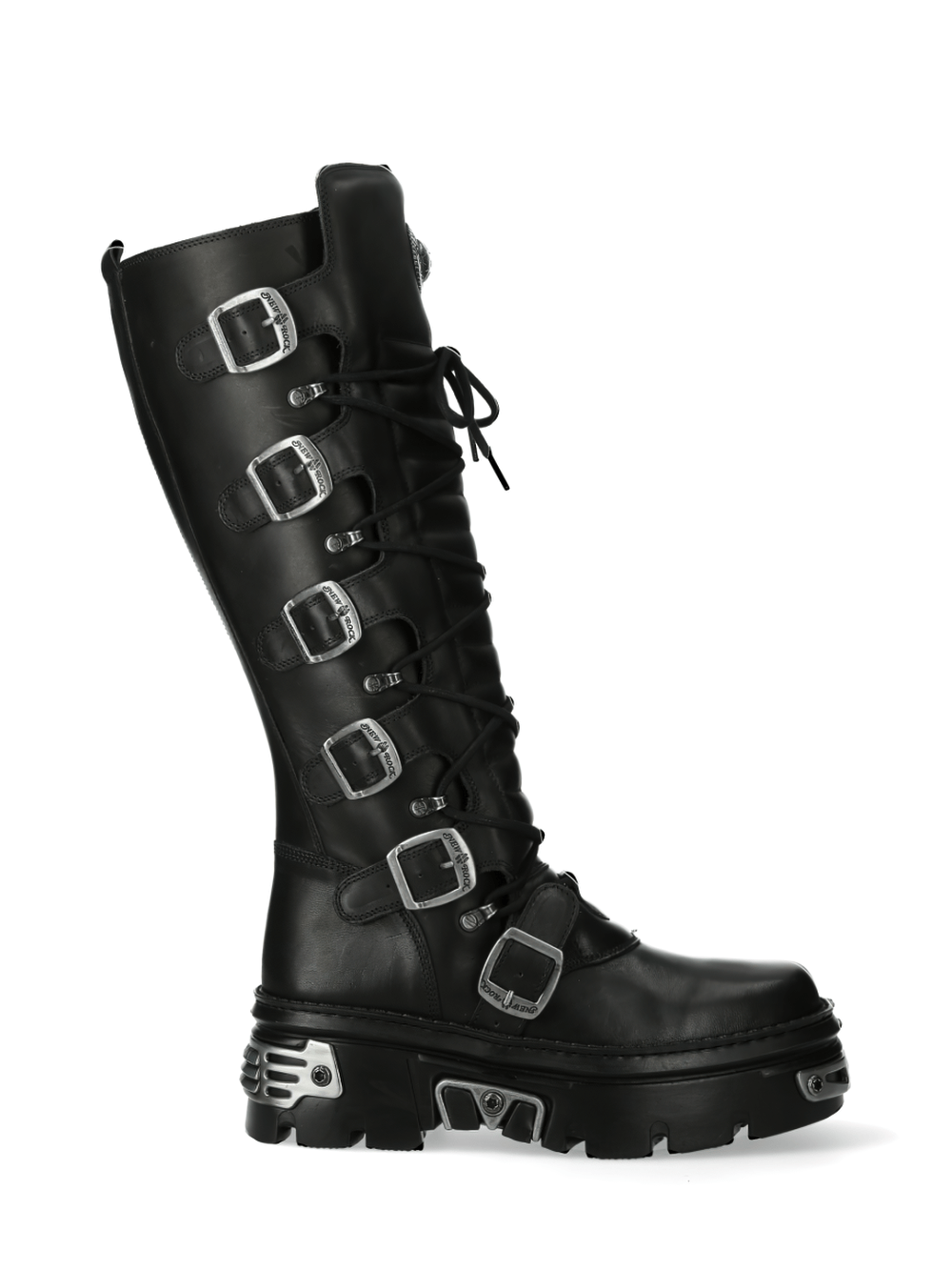 NEW ROCK Gothic knee-high boots in black leather with metallic buckles and punk lace-up design.