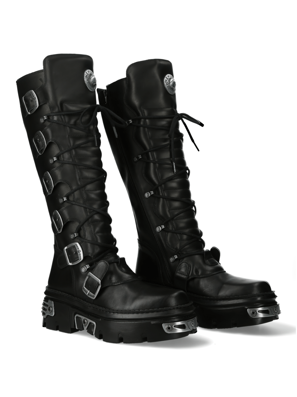 NEW ROCK Gothic buckle knee-high boots with metallic accents and punk lace-up design.