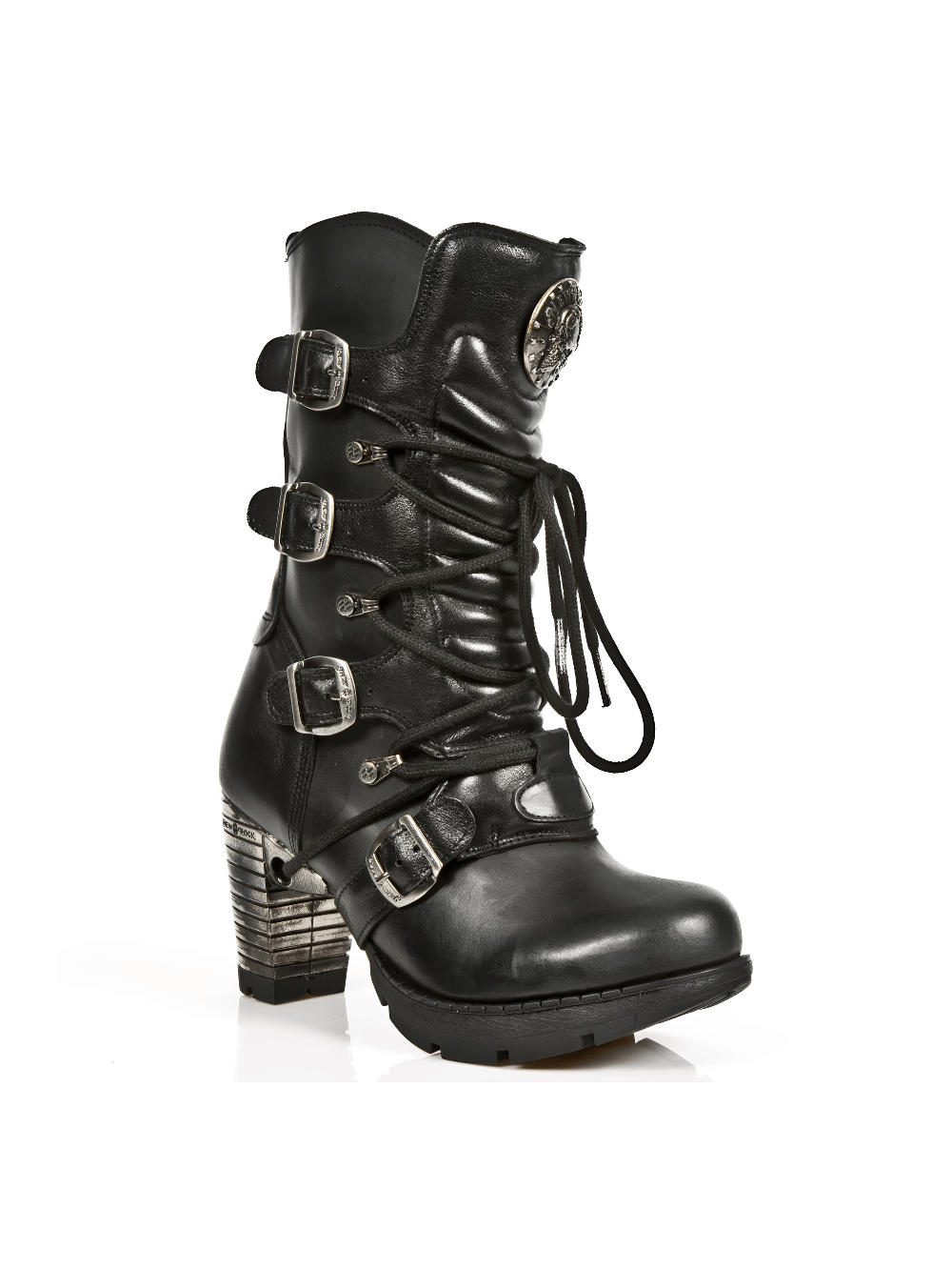 NEW ROCK Gothic Buckled Ankle Boots with metallic accents, featuring lace-up front and stylish stacked heel.