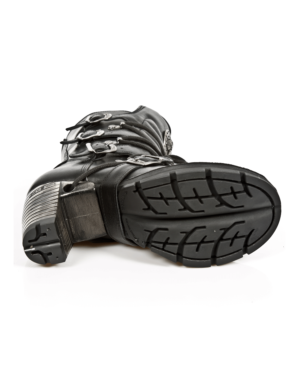 Bottom view of NEW ROCK Gothic buckled ankle boots showcasing rugged sole and buckle details.