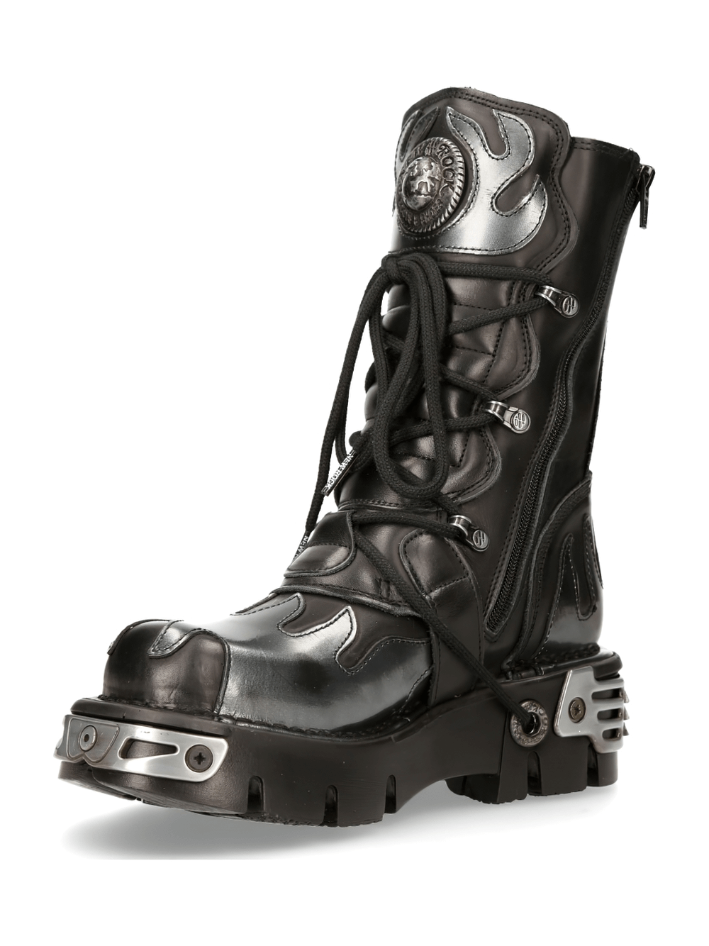 NEW ROCK Men's Gothic black buckled boots with flame pattern and durable rubber sole.
