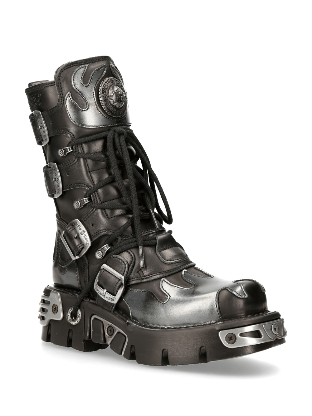NEW ROCK Gothic Buckled Boots in Black with Flame Details