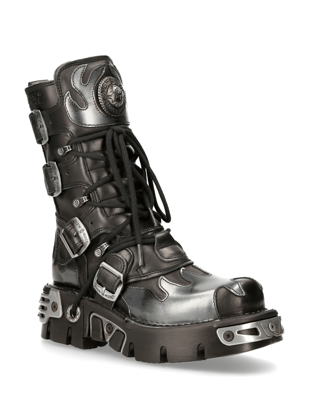 Men's Gothic black buckled boots with flame details and robust sole, perfect for a fierce fashion statement.