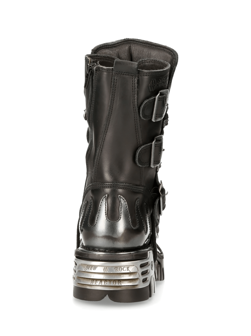Back view of NEW ROCK Men's Gothic Buckled Boots in black with flame details and metallic accents.