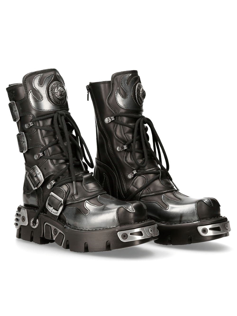 NEW ROCK Men's Gothic Black Boots with Flame Details and Buckles, perfect for edgy ensembles.