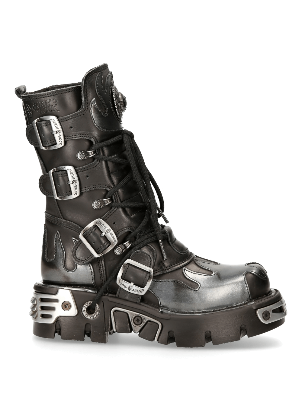 NEW ROCK Gothic Buckled Boots in Black with Flame Details