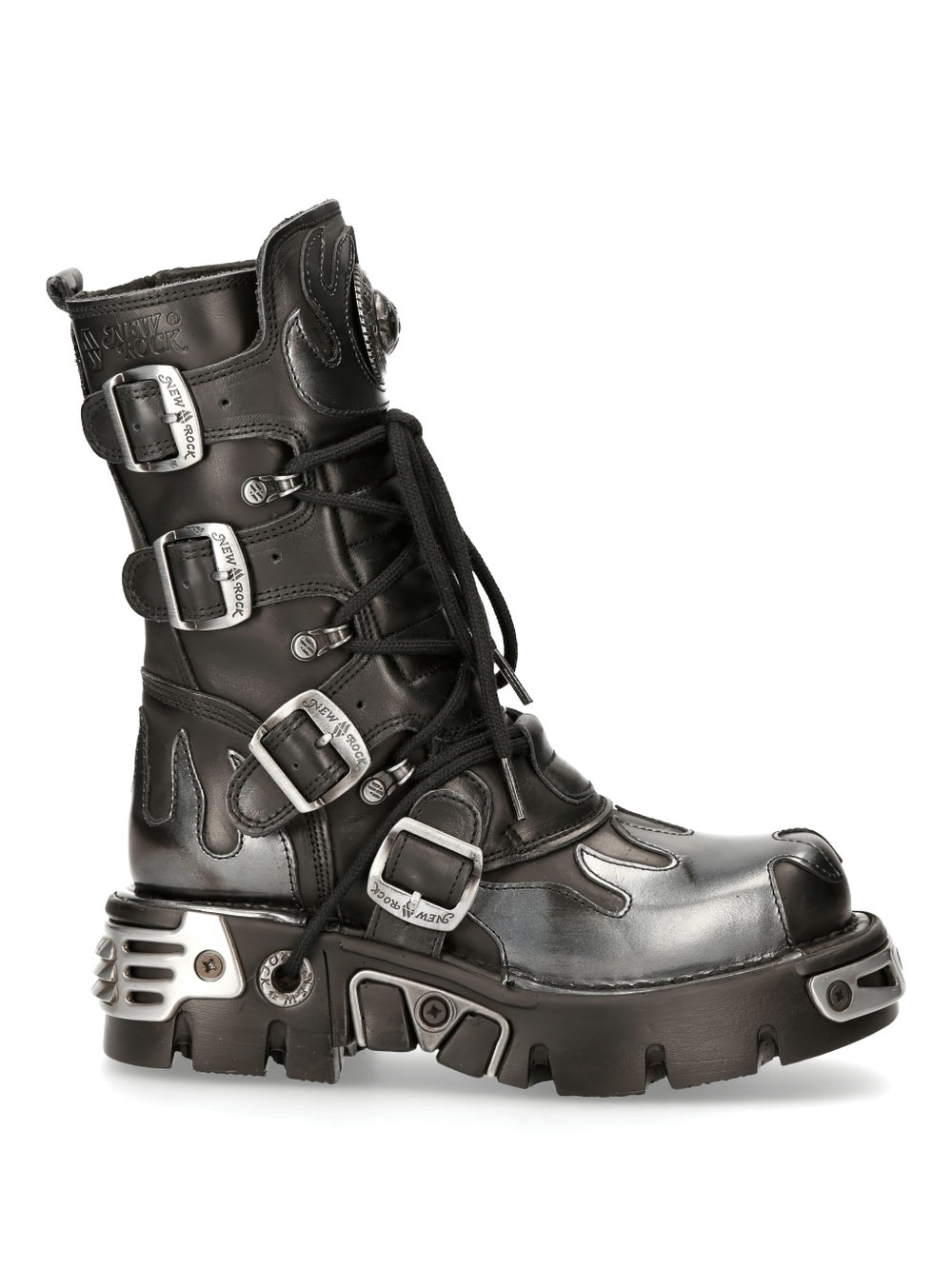 NEW ROCK Men's Gothic Buckled Boots in Black with Flame Details and robust rubber sole.