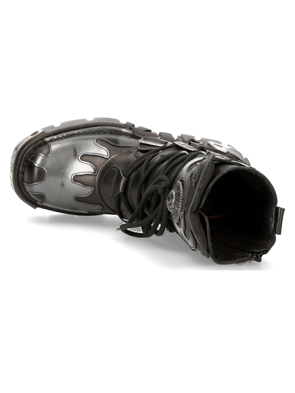 Top view of NEW ROCK men's black gothic boots with flame details and multiple buckles, crafted from genuine leather.