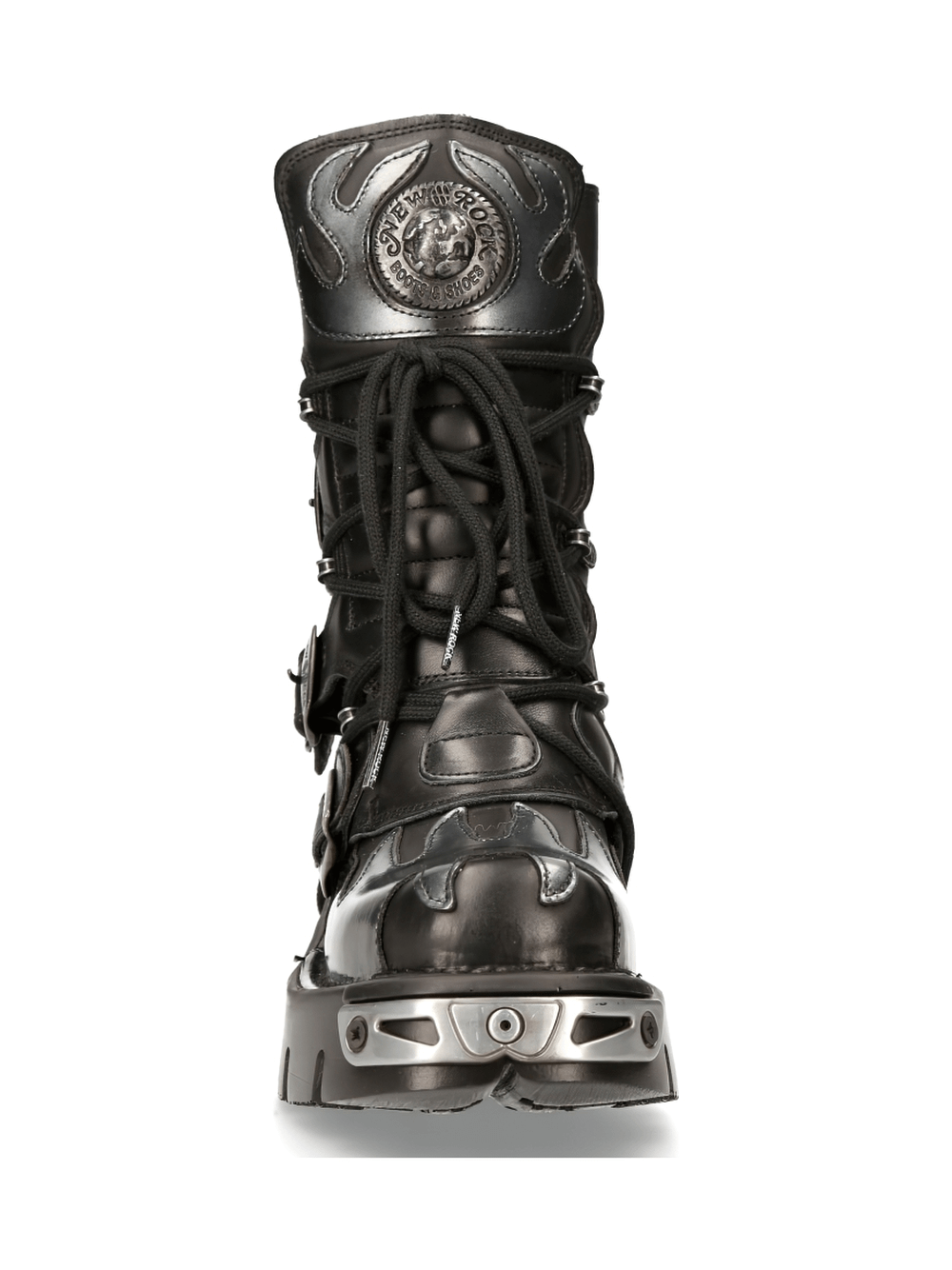 NEW ROCK Men's Gothic Buckled Boots in Black with Flame Details, showcasing unique flame pattern and multiple buckles.