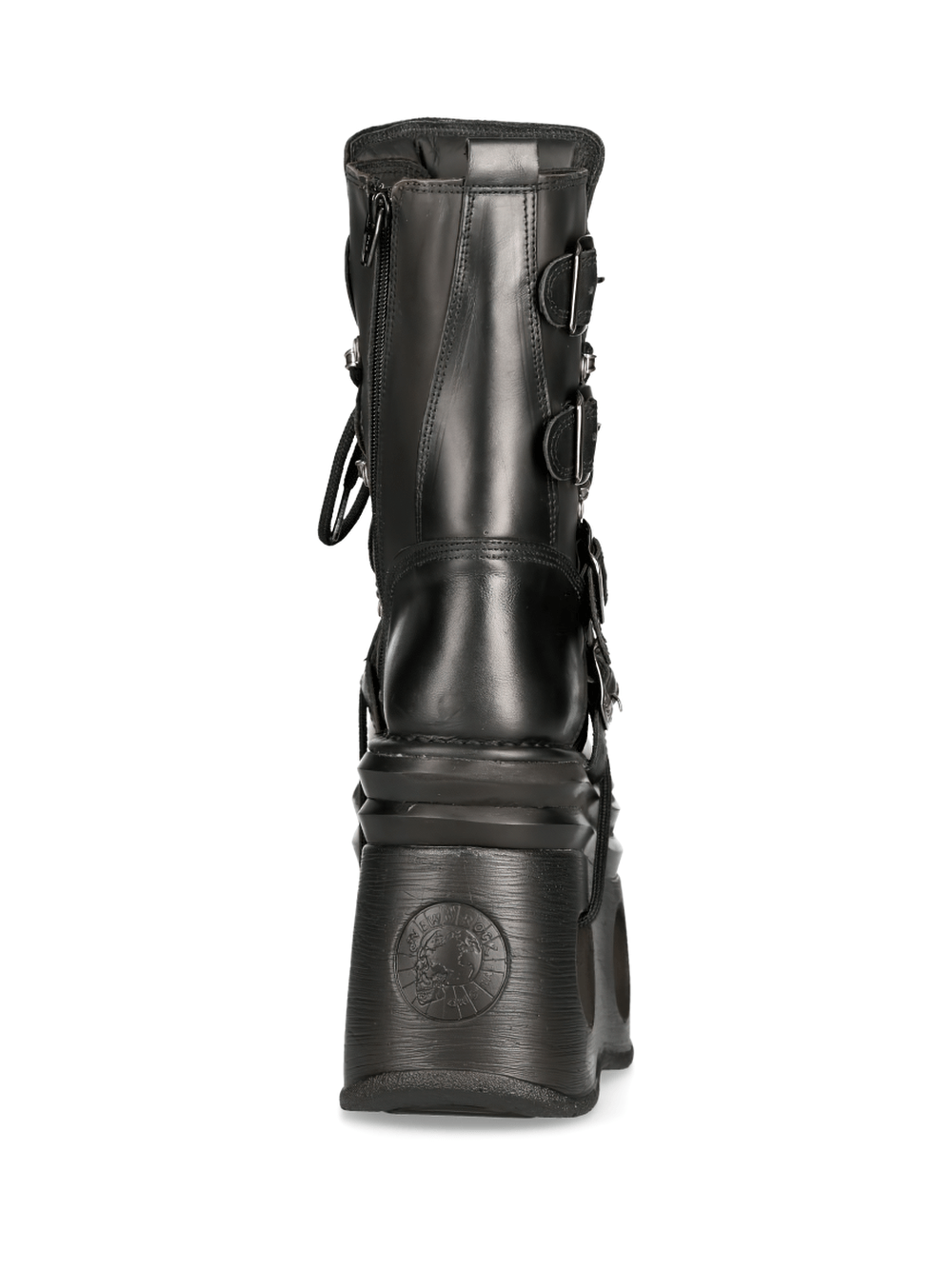 Back view of NEW ROCK Men's Gothic Buckled Platform Boots in cow leather with metallic embellishments.