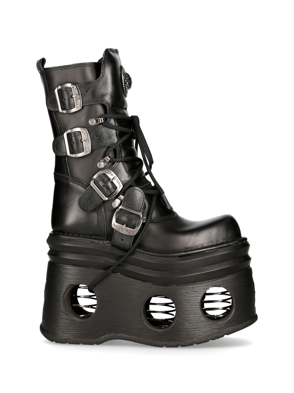 NEW ROCK Men's Gothic Buckled Platform Boots in black with metallic details and unique hole design.
