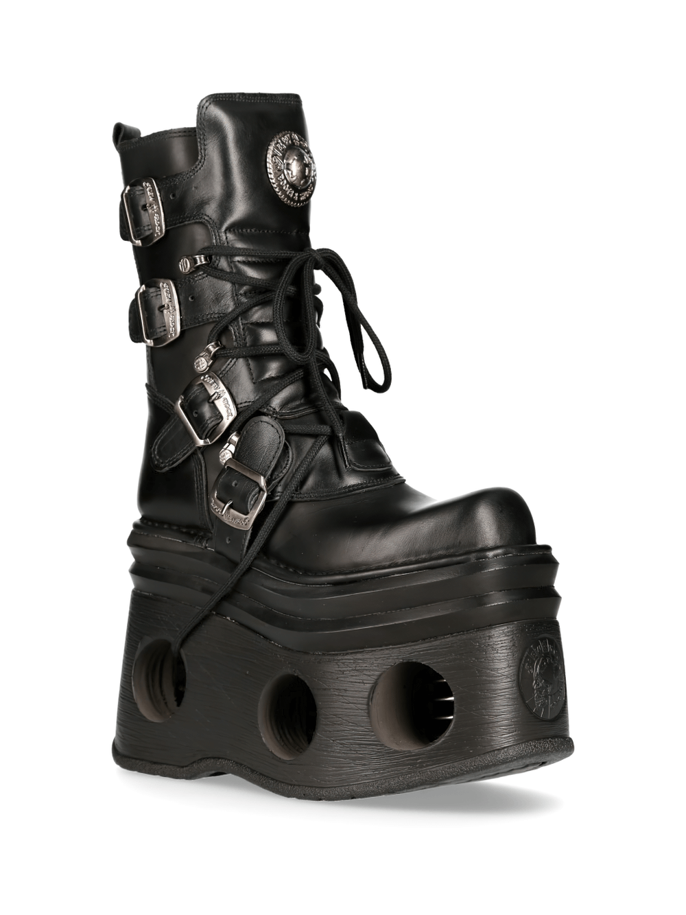 Men's gothic buckled platform boots in black cow leather with metallic embellishments and unique perforated platform.