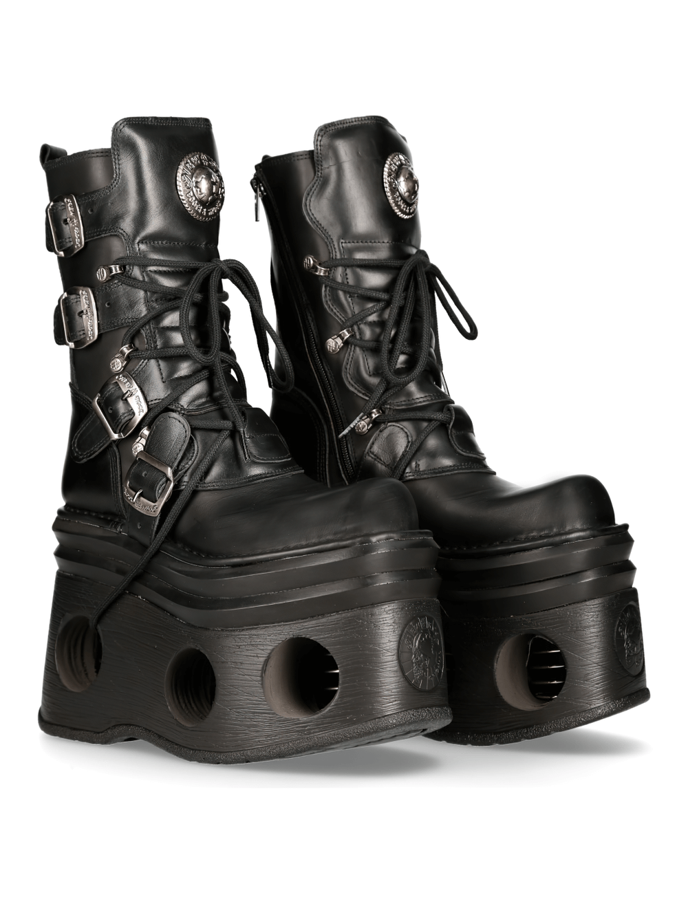 NEW ROCK men's gothic platform boots in cow leather with buckles and metallic details.