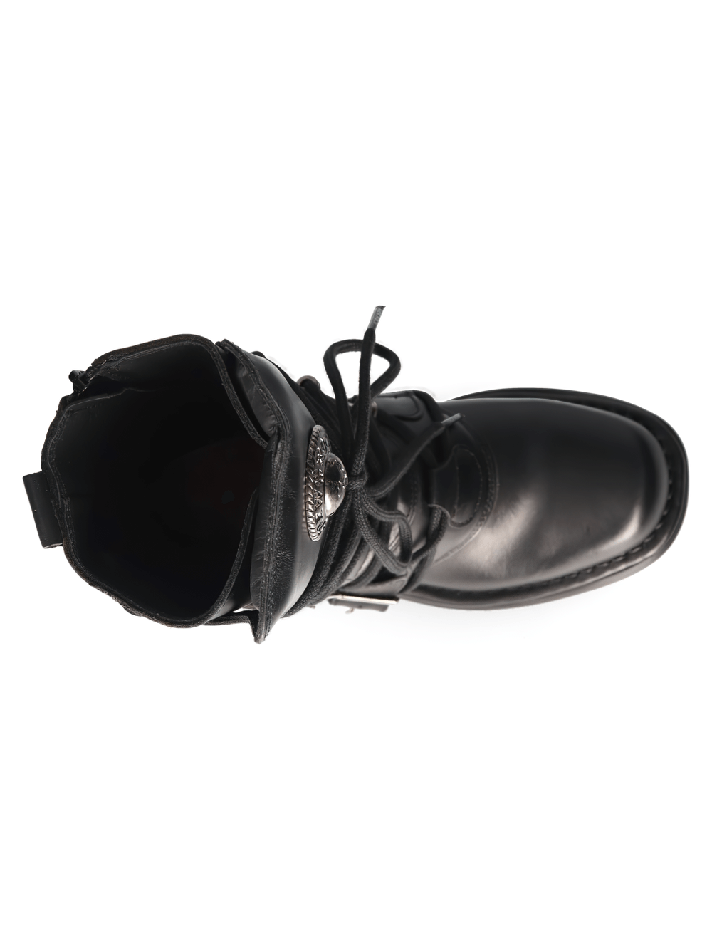 Top view of NEW ROCK Men's Gothic Buckled Platform Boots in black cow leather with intricate detailing.