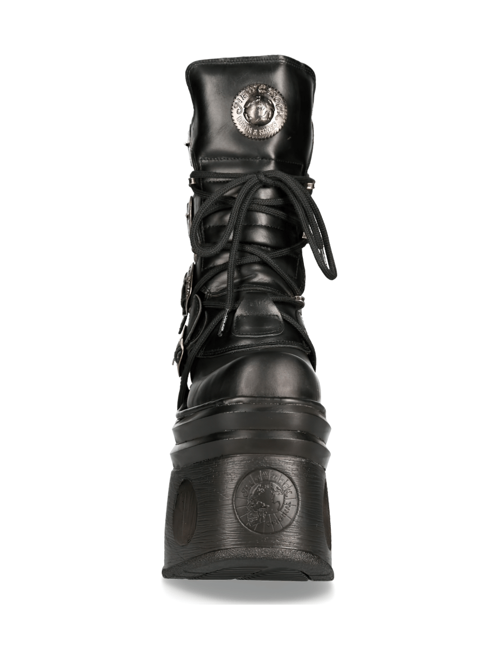 NEW ROCK Men's Gothic Buckled Platform Boots in black leather with metallic details and a bold platform design.