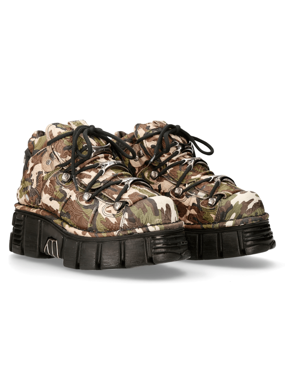 Gothic camouflage ankle boots with platform soles, featuring a punk rock design and sturdy lace-up style.