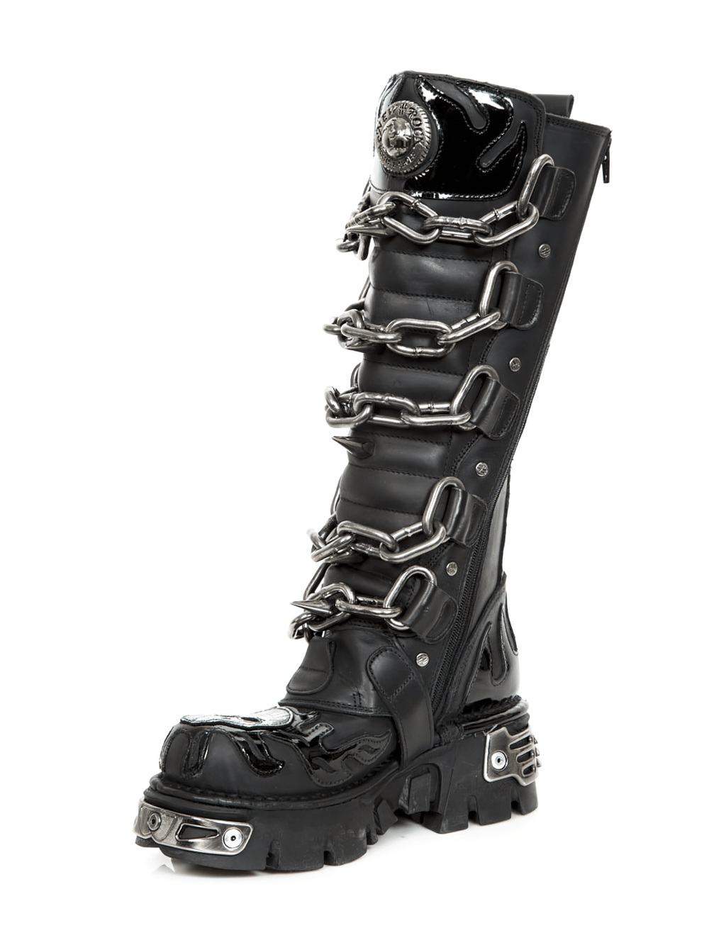 NEW ROCK Gothic Chain Link High Boots in Black Leather with metallic details, perfect for punk and rock fashion lovers.