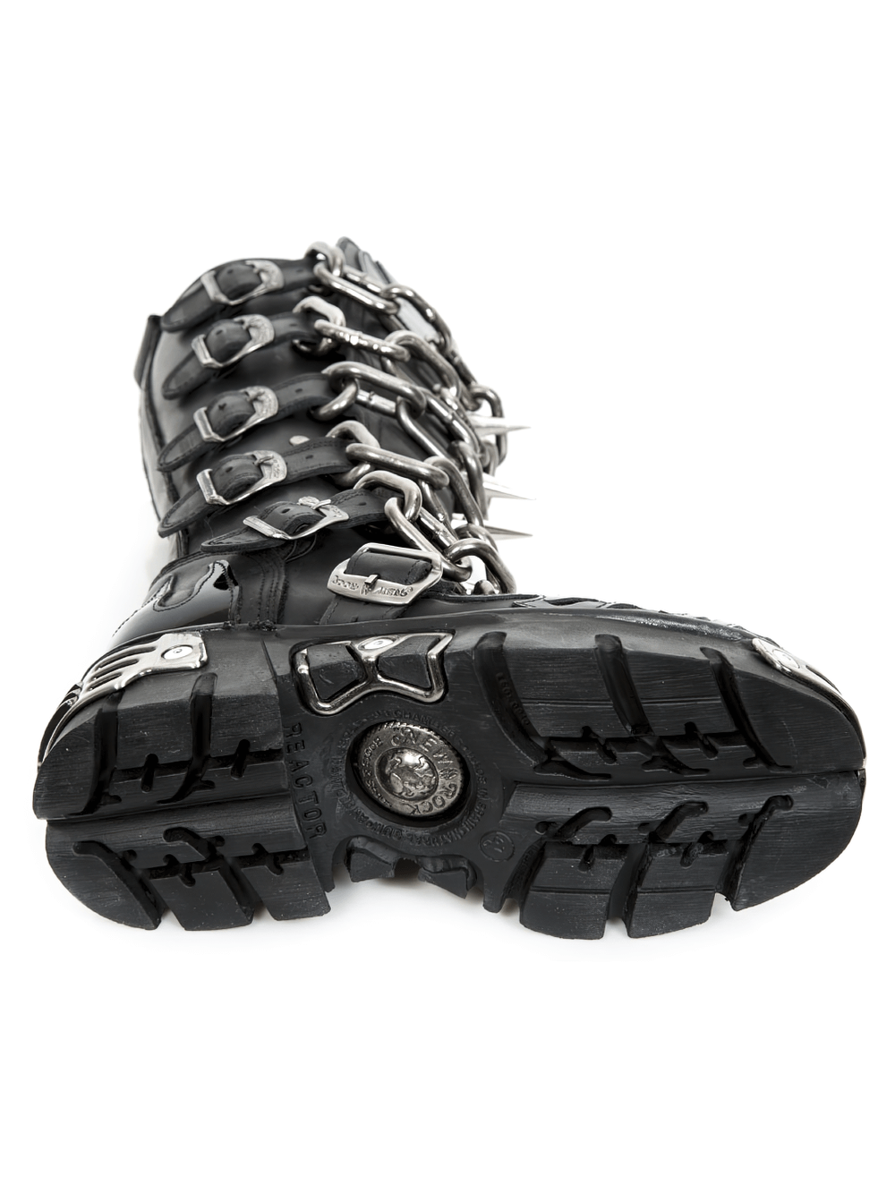NEW ROCK Men's Gothic Black Leather High Boot showcasing unique chain details and rugged sole design.