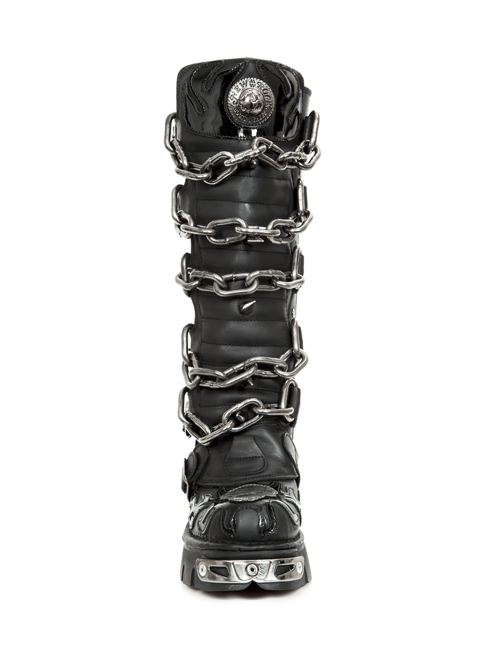 NEW ROCK Men's Gothic Chain Link High Boot in Black Leather with metallic chains and unique design.