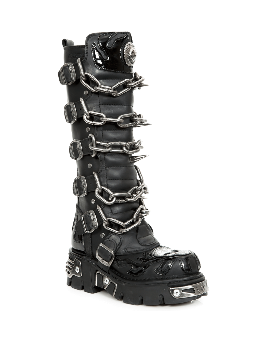NEW ROCK Gothic Chain Link High Boots in Black Leather with metallic details and punk style.