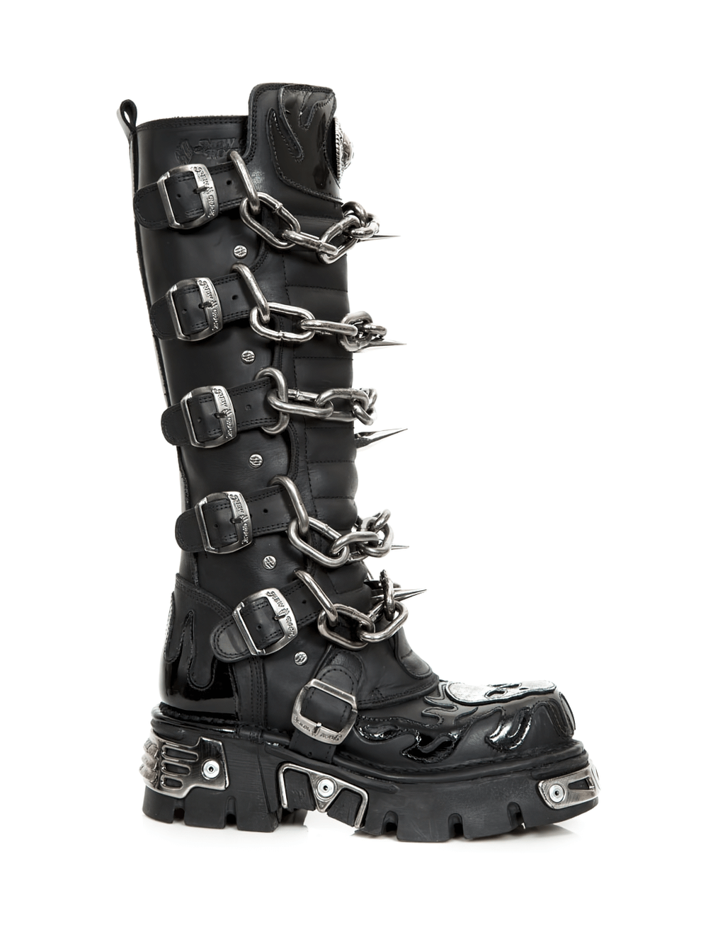 NEW ROCK Men's Gothic Chain Link High Boots in Black Leather with metallic accents and edgy spikes for a bold style.