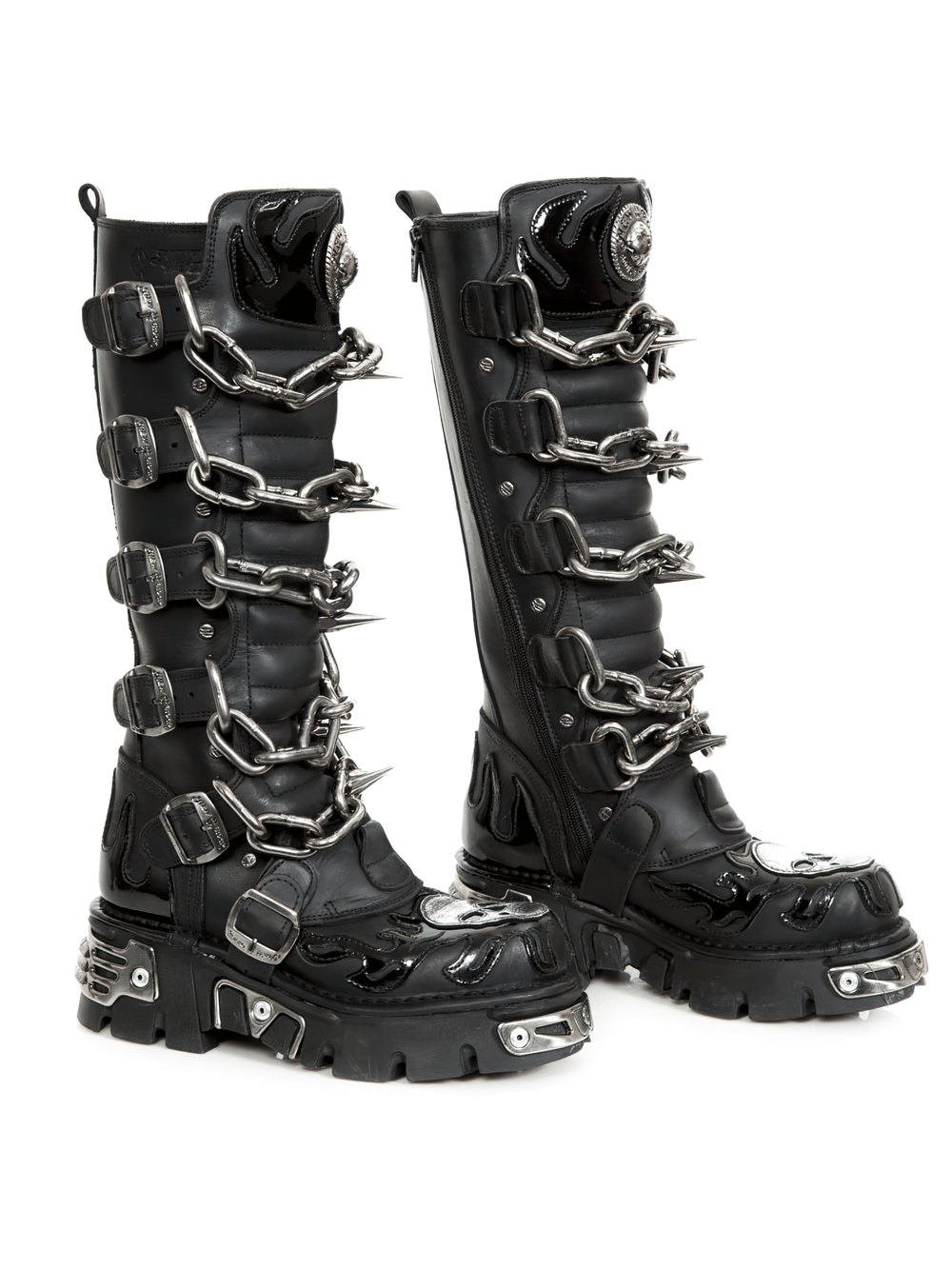 NEW ROCK Men's Gothic Black Leather High Boots with Chain Links and Spikes, part of the Metallic Collection.