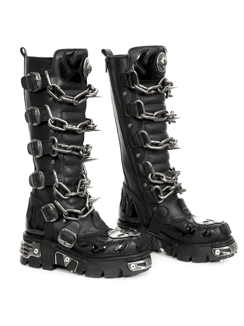 Botas Altas Góticas de Cadena para Mujer NEW ROCK en Cuero Negro