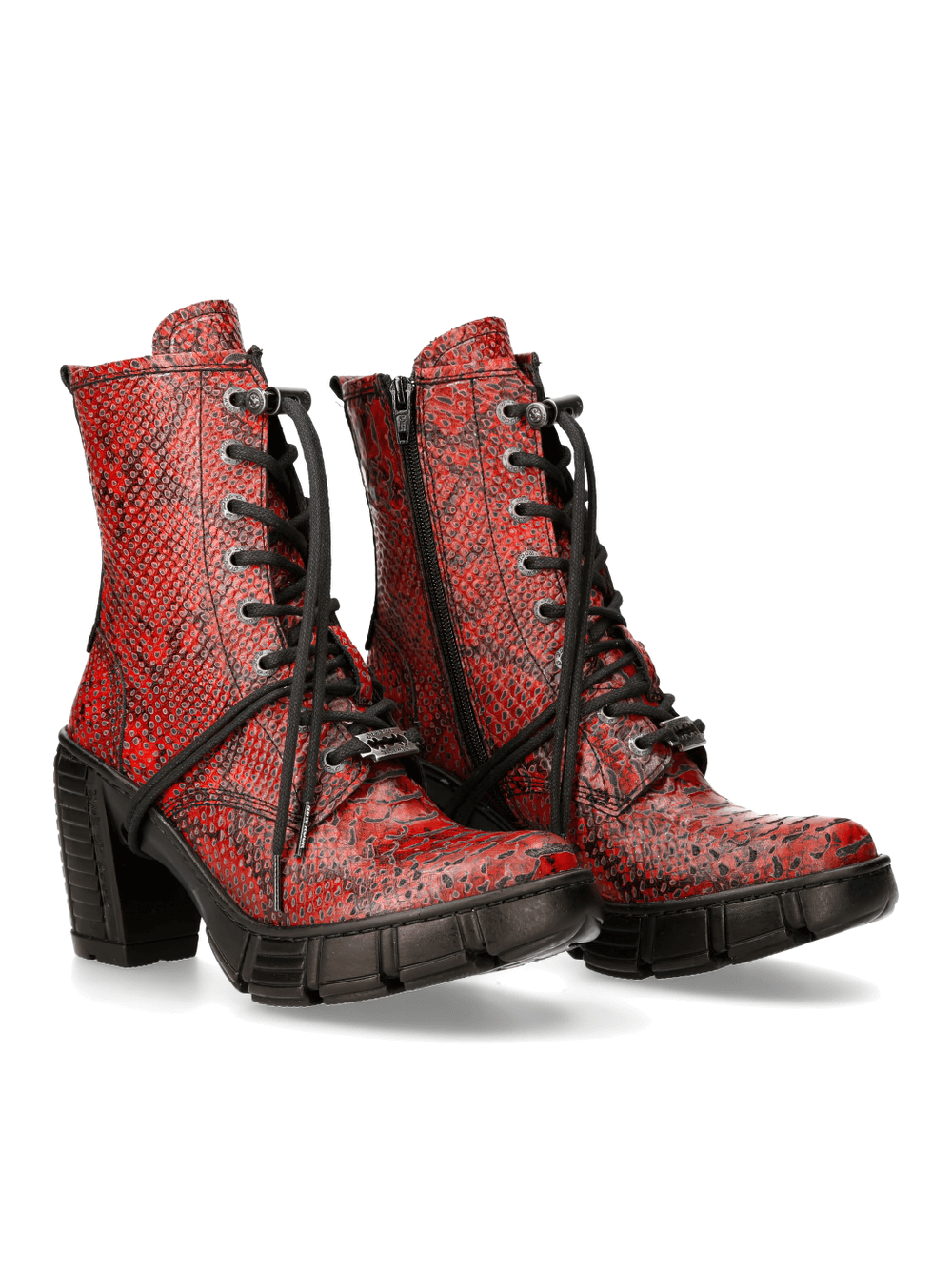 NEW ROCK Gothic Red Reptile Print Ankle Boots with punk style, lace-up design, and durable synthetic materials.