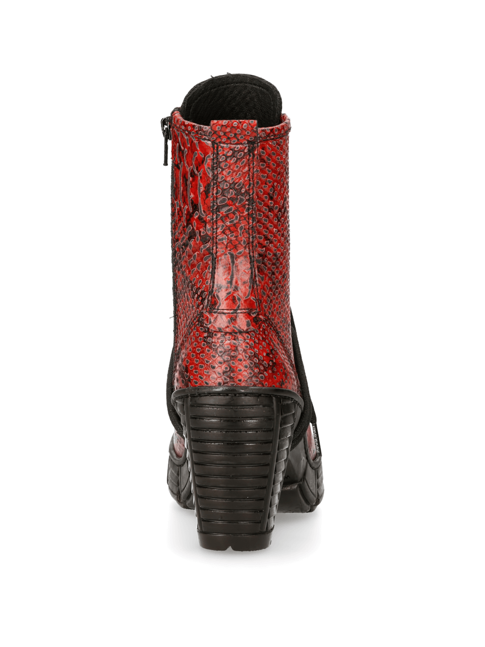 Back view of NEW ROCK Gothic edgy red reptile print ankle boots with textured design and zip closure.