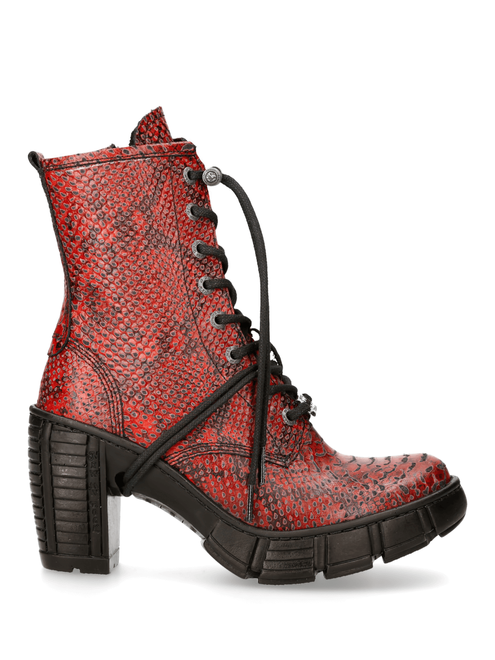 Gothic red reptile print ankle boots with lace-up front and thick heel for a punk rock vibe.