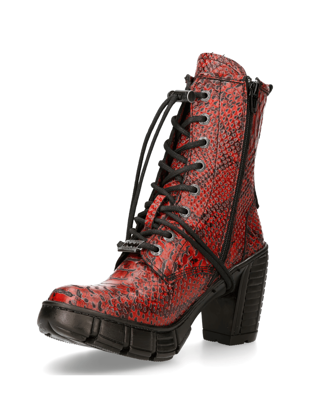 NEW ROCK Gothic edgy red reptile print ankle boots with lace-up front and zipper, perfect for punk-inspired outfits.